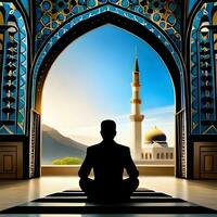 Silhouette object in the mosque, muslim people praying with the atmosphere of a mosque in the middle east, good to use for business, blog, presentation, religious. By Ai generative image photo