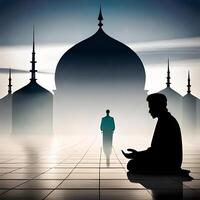 Silhouette object in the mosque, muslim people praying with the atmosphere of a mosque in the middle east, good to use for business, blog, presentation, religious. By image photo