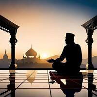 Silhouette object in the mosque, muslim people praying with the atmosphere of a mosque in the middle east, good to use for business, blog, presentation, religious. By Ai generative image photo