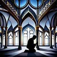 Silhouette object in the mosque, muslim people praying with the atmosphere of a mosque in the middle east, good to use for business, blog, presentation, religious. By Ai generative image photo