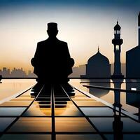 Silhouette object in the mosque, muslim people praying with the atmosphere of a mosque in the middle east, good to use for business, blog, presentation, religious. By Ai generative image photo