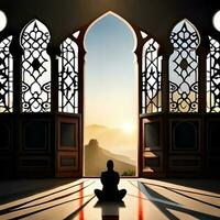 Silhouette object in the mosque, muslim people praying with the atmosphere of a mosque in the middle east, good to use for business, blog, presentation, religious. By Ai generative image photo