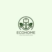 Flat green home with green leaf inside. Simple silhouette of the house with green roof and chimney. Icon isolated on white. Vector building symbol. Eco friendly house. recycle and reuse home sign art