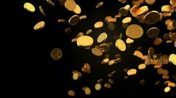Gold coins falling from the top on black background. Generative AI photo