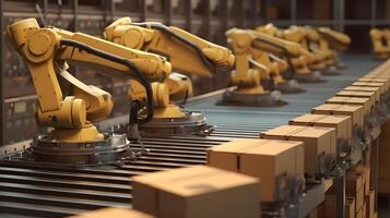 Robot Arms working with cardboard boxes on roller conveyor with storage warehouse background. photo