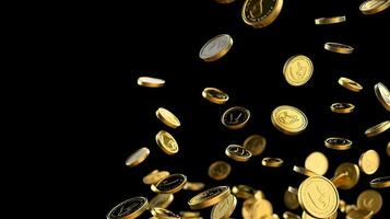 Gold coins falling from the top on black background. Generative AI photo