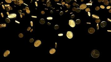 oro monedas que cae desde el parte superior en negro antecedentes. generativo ai foto