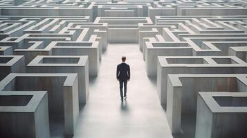 Businessman walking in maze cement to find way out. Generative AI photo