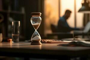 Hourglass on desk with man working by laptop on blurred background. Generative AI photo