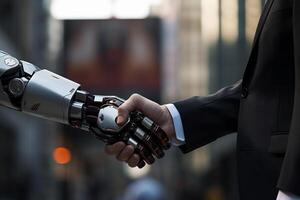 AI robot shake hand with business man. business technology concept. photo