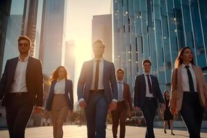 team of business people walking together with modern buildings in background. teamwork concept. Generative AI photo