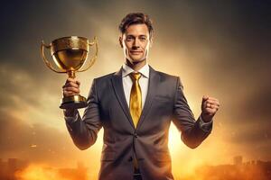 Businessman Holding gold trophy. celebrating with trophy award for success in business. Generative AI photo