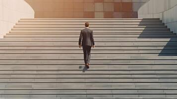 Businessman step up on stair forward. Generative AI photo