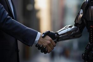 AI robot shake hand with business man. business technology concept. photo