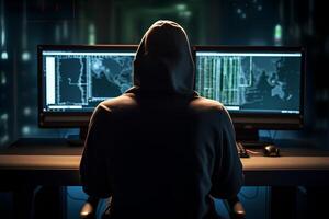 Hacker in dark room , Internet crime concept. photo