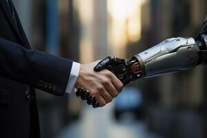 AI robot shake hand with business man. business technology concept. photo