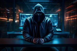 Hacker in dark room , Internet crime concept. photo