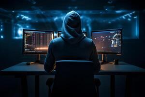 Hacker in dark room , Internet crime concept. photo