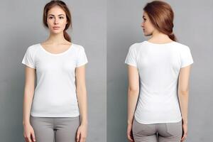 women model wear white blank t - shirt front and back views mock up. photo