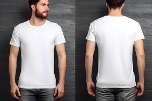 hombres modelo vestir blanco blanco t - camisa frente y espalda puntos de vista burlarse de arriba. generativo ai foto