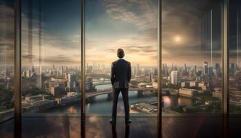 business man standing in the office watching the modern city view. Business ambition concept. Generative AI photo