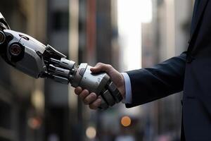 AI robot shake hand with business man. business technology concept. photo