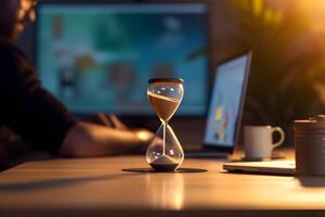 Hourglass on desk with man working by laptop on blurred background. photo