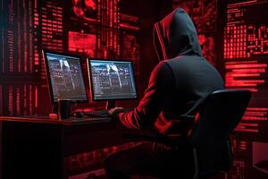 Hacker in dark room , Internet crime concept. photo