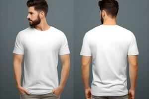 men model wear white blank t - shirt front and back views mock up. Generative AI photo