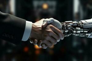 AI robot shake hand with business man. business technology concept. Generative AI photo