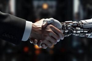 AI robot shake hand with business man. business technology concept. photo