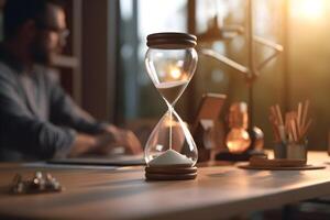 Hourglass on desk with man working by laptop on blurred background. photo