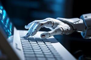 White robotic cyborg pressing a keyboard on a laptop. photo