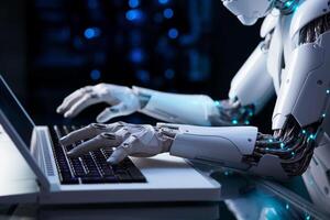 White robotic cyborg pressing a keyboard on a laptop. photo