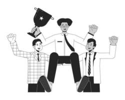 Celebrate business team bw concept vector spot illustration. Victory business people 2D cartoon flat line monochromatic characters for web UI design. Success editable isolated outline hero image