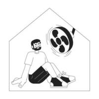 Man sitting under ceiling fan at home monochromatic flat vector character. Cool down heat in house. Editable thin line full body person on white. Simple bw cartoon spot image for web graphic design