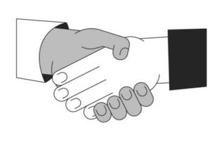 Networking shaking hands bw concept vector spot illustration. Negotiating handshake 2D cartoon flat line monochromatic hands for web UI design. Diverse meeting editable isolated outline hero image