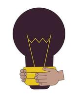 Light bulb in hands flat line concept vector spot illustration. Inspiration business 2D cartoon outline hand on white for web UI design. Innovation strategy editable isolated color hero image