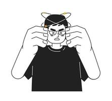 Asian man with spinning head monochromatic flat vector character. Headache dizzy. Male feeling sick. Editable thin line half body person on white. Simple bw cartoon spot image for web graphic design