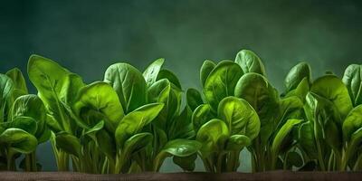 Spinach leaves vegetable blurred copy space background, AI generated photo