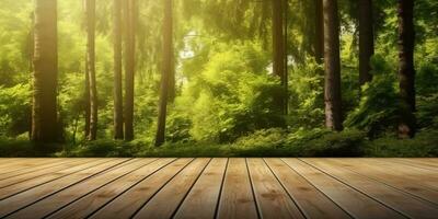 Woody floor and green forest blurred copy space background, AI generated photo