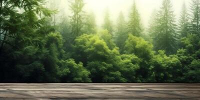 Woody floor and green forest blurred copy space background, AI generated photo