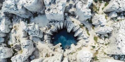 Sinkhole hole in limestone background, geology theme, AI generated photo