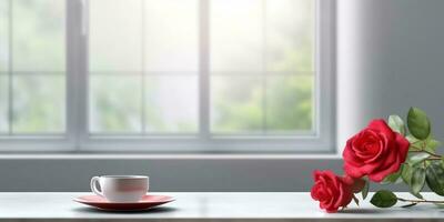 Window and red rose flower on table with sun light copy space blurred background, AI Generated photo