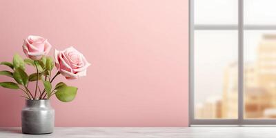 Pink rose flower and window with sun light copy space blurred background, AI Generated photo