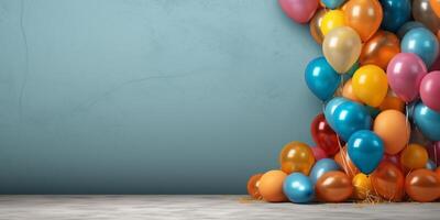Balloon floating border white wall party background copy space, photo