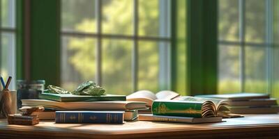 apilar de libros y ventana con luz de sol borroso fondo, ai generado foto