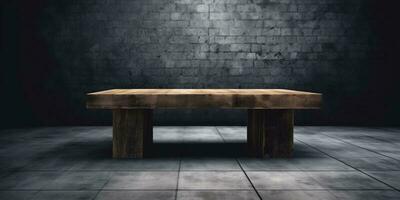 marrón madera mesa en oscuro fondo, producto monitor Copiar espacio, ai generado foto