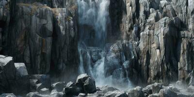 Waterfall and stone copy space blurred background, AI Generated photo