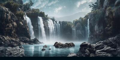 Waterfall and stone copy space blurred background, photo
